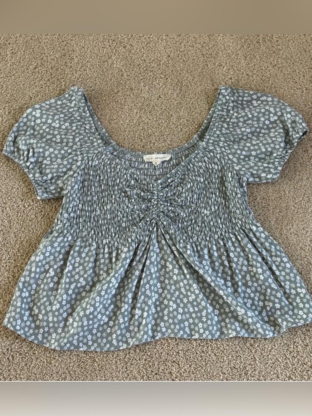LA Hearts sage green with white floral print crop top